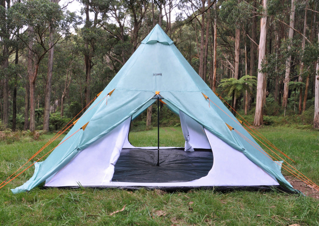Zeit Otway camping teepee with doors open surrouned by australian bush